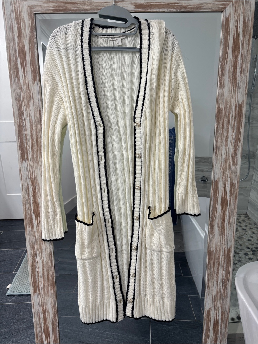 Cato Cream Long Knit Ribbed Cardigan with Black Trim and Pearled buttons